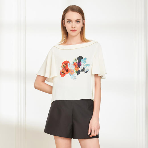 QF25A斯尔丽夏季新品丝质印花常规款宽松短袖上衣 商品图0