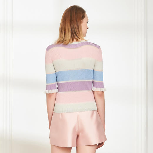 PF6A3夏季新品丝质条纹常规款宽松五分袖针织衫 商品图1