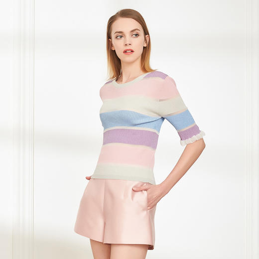 PF6A3夏季新品丝质条纹常规款宽松五分袖针织衫 商品图2