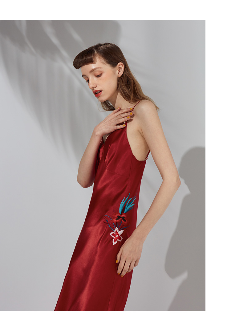 新年红真丝吊带裙sangluo桑罗秋冬桑蚕丝绸刺绣睡裙女礼服裙睡衣