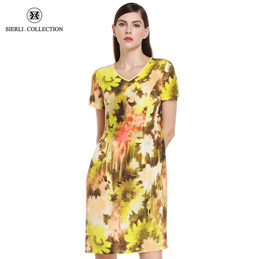 QF81G瑟俪 时尚小V领设计短袖印花连衣裙 商品图0