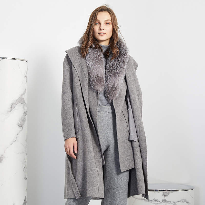 PH90A瑟俪新款两件套大狐狸毛领内外两穿长款羊毛呢大衣