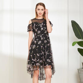 RF8E9斯尔丽夏季新品 丝质 绣花气质优雅中长款短袖连衣裙