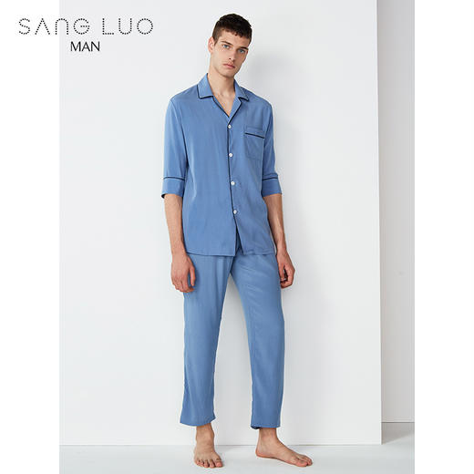 简约撞色睡衣套装SANGLUO桑罗七分袖桑蚕丝家居服男 商品图3