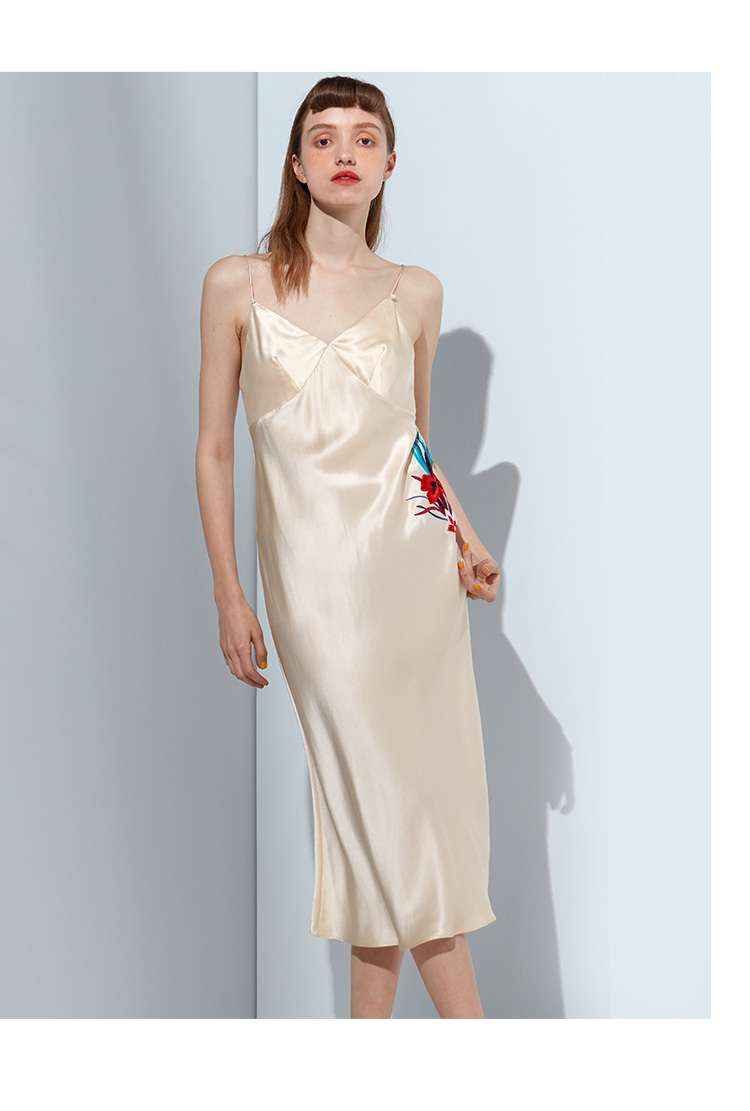 新年红真丝吊带裙sangluo桑罗秋冬桑蚕丝绸刺绣睡裙女礼服裙睡衣