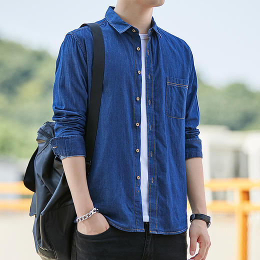東雨男装秋日系牛仔男上衣士衬衫纯棉修身休闲衬衫男 商品图5