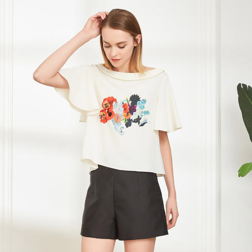 QF25A斯尔丽夏季新品丝质印花常规款宽松短袖上衣 商品图2