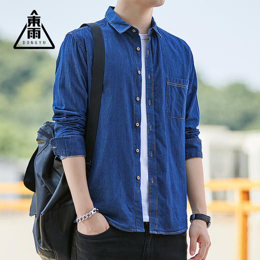 東雨男装秋日系牛仔男上衣士衬衫纯棉修身休闲衬衫男 商品图0