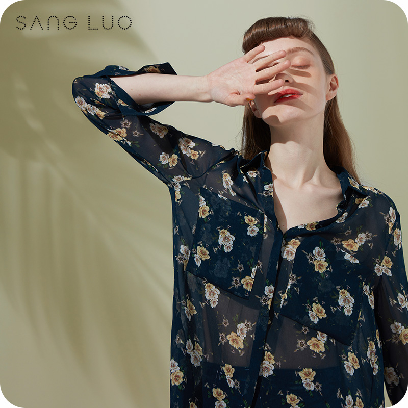 【积分兑换】小花卉印花衬衫SANGLUO桑罗桑蚕丝休闲长袖上衣女