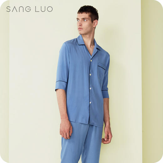 简约撞色睡衣套装SANGLUO桑罗七分袖桑蚕丝家居服男 商品图2
