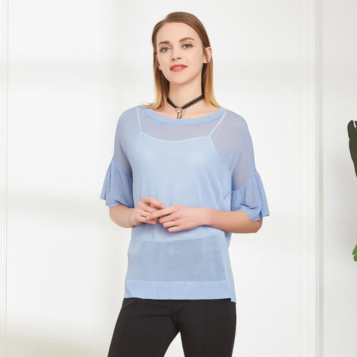 QF61A斯尔丽夏季新品  粘纤纯色内搭清新宽松喇叭袖上衣 商品图0