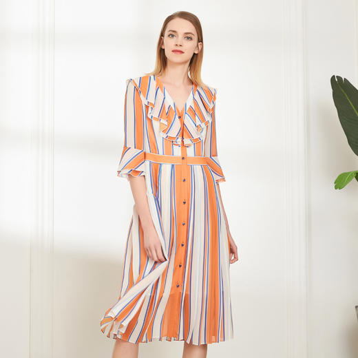 QG8A5斯尔丽夏季新品时尚优雅条纹纽扣修身短袖中长款连衣裙 商品图0