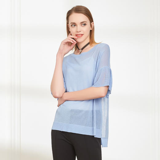 QF61A斯尔丽夏季新品  粘纤纯色内搭清新宽松喇叭袖上衣 商品图2