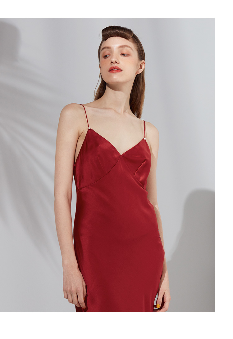 新年红真丝吊带裙sangluo桑罗秋冬桑蚕丝绸刺绣睡裙女礼服裙睡衣