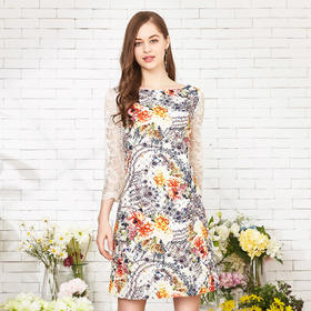 QG8A1夏季新品丝质数码印花钉珠中款宽松蕾丝长袖连衣裙