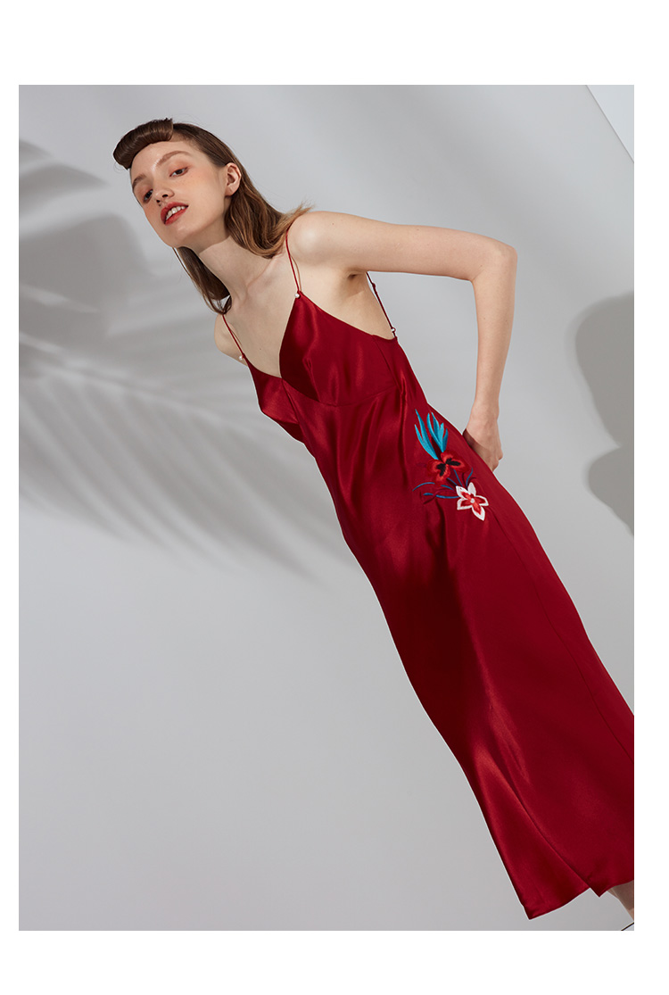 新年红真丝吊带裙sangluo桑罗秋冬桑蚕丝绸刺绣睡裙女礼服裙睡衣