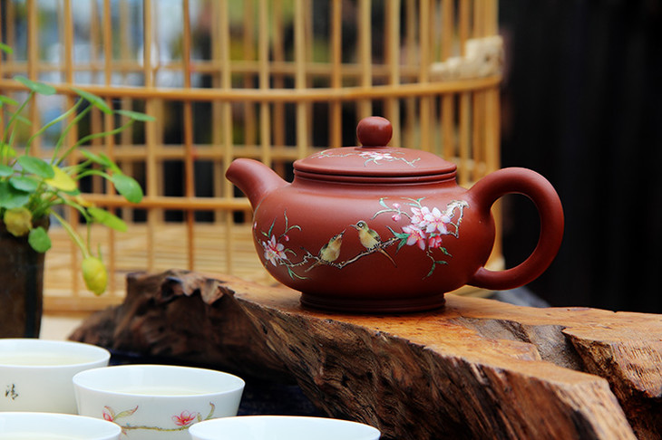 景德镇陶瓷国瓷红叶手工紫砂壶珐琅彩春日私语