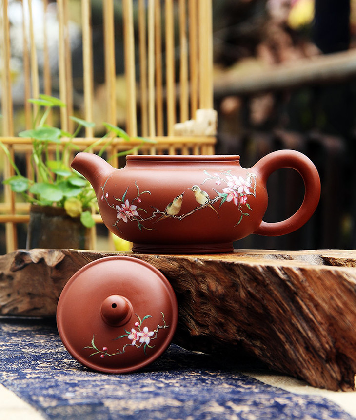 景德镇陶瓷国瓷红叶手工紫砂壶珐琅彩春日私语