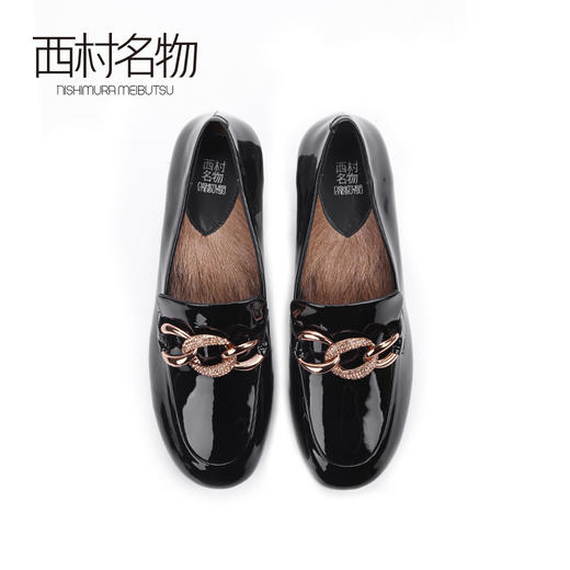 西村名物2020春季新款漆皮链条中跟粗跟圆头乐福鞋女单鞋X20AM16601 商品图3