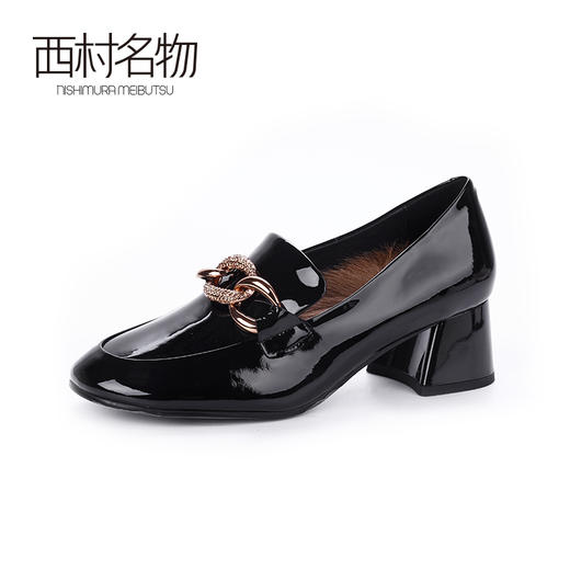 西村名物2020春季新款漆皮链条中跟粗跟圆头乐福鞋女单鞋X20AM16601 商品图1