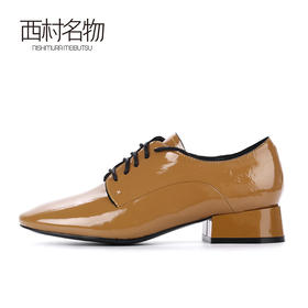 西村名物2020春季新款时髦亮面漆皮绑带中跟尖头小皮鞋女单X20AM16621