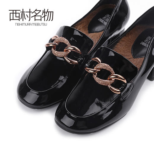 西村名物2020春季新款漆皮链条中跟粗跟圆头乐福鞋女单鞋X20AM16601 商品图4