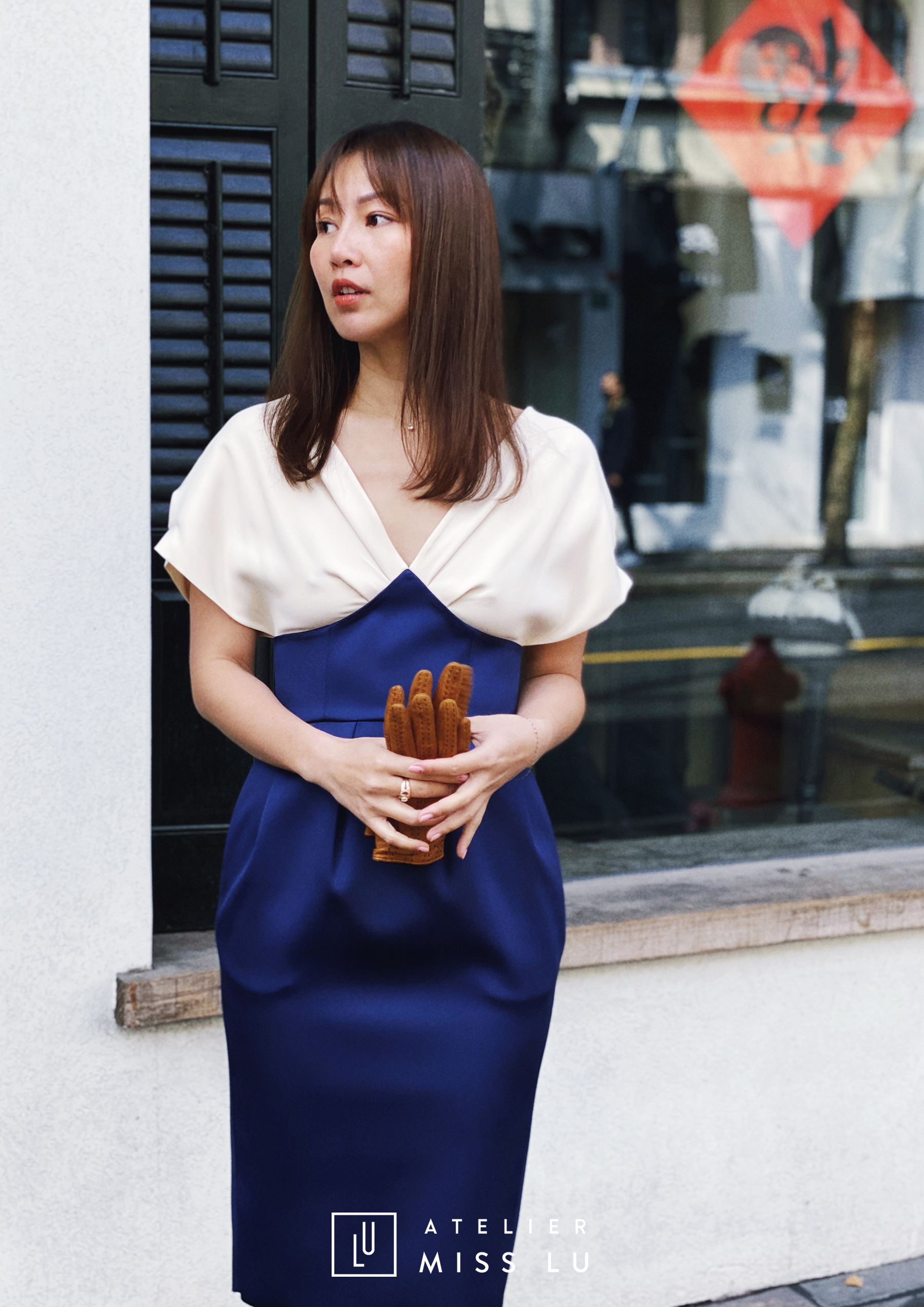 AtelierMissLu / Serafina-典雅蓝白拼色收腰修身裙