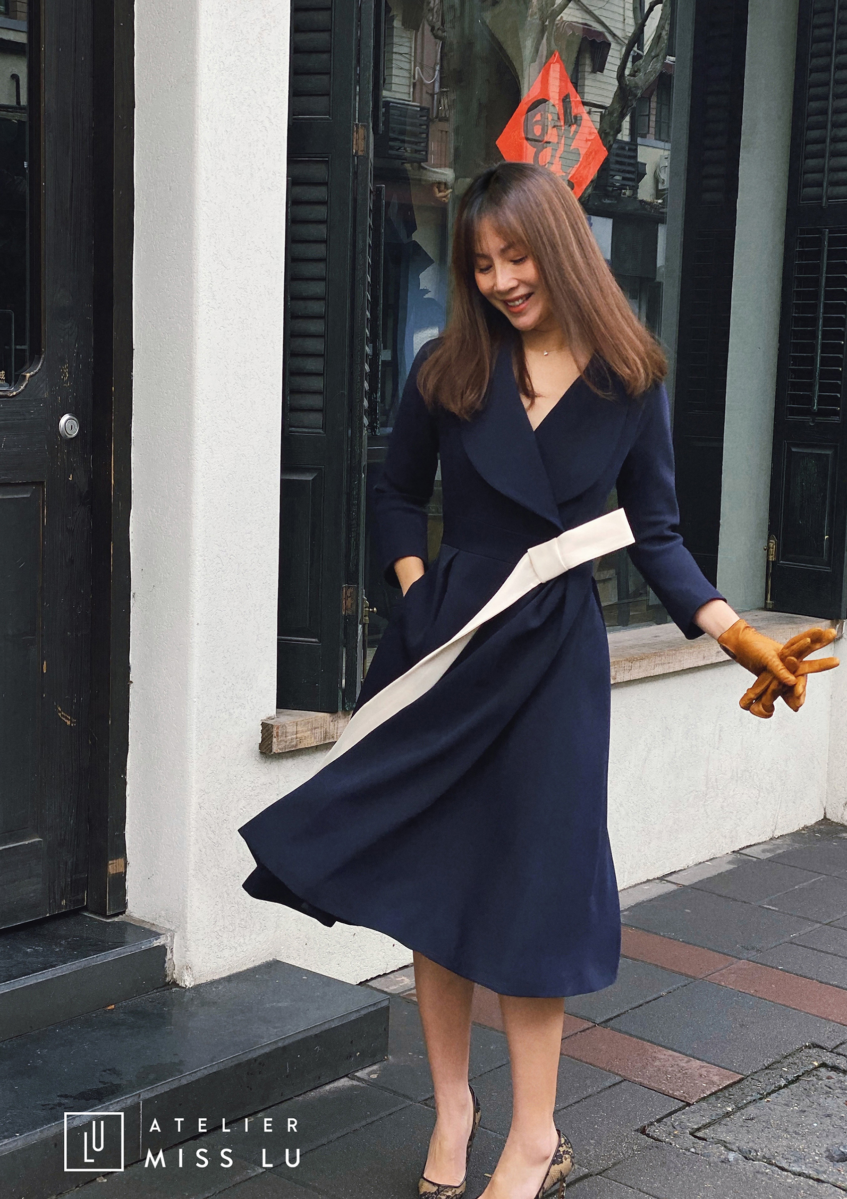 AtelierMissLu /Victoria-优雅藏青色系带翻领外套