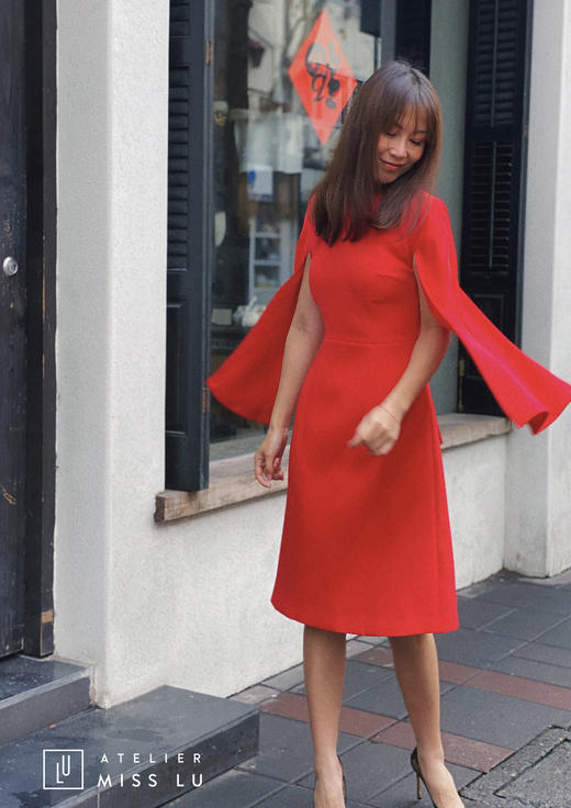 AtelierMissLu /Elizabeth-红色水袖飘带连身裙 商品图0