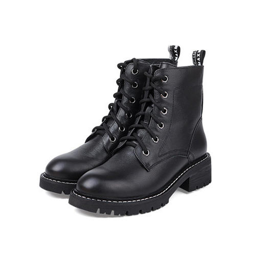 西村名物米白色牛皮马丁靴2019秋冬季新款粗跟低跟系带靴子女X29DS41341 商品图1