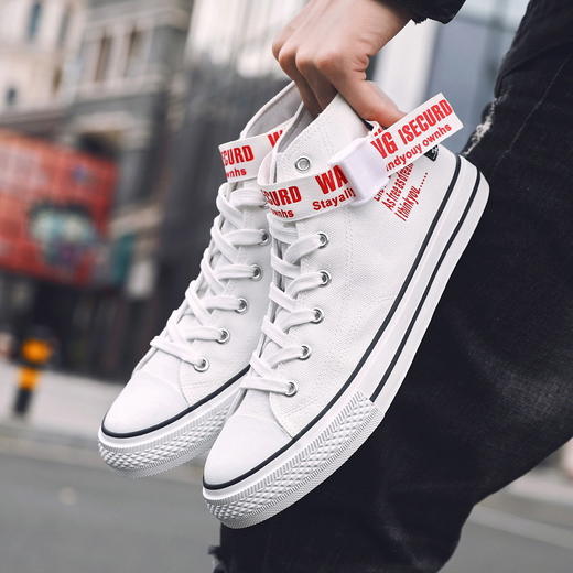 春季男鞋韩版搭扣涂鸦帆布鞋男港风板鞋学生高帮鞋 商品图6