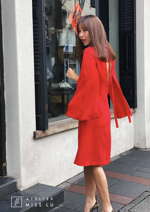 AtelierMissLu /Elizabeth-红色水袖飘带连身裙 商品图2