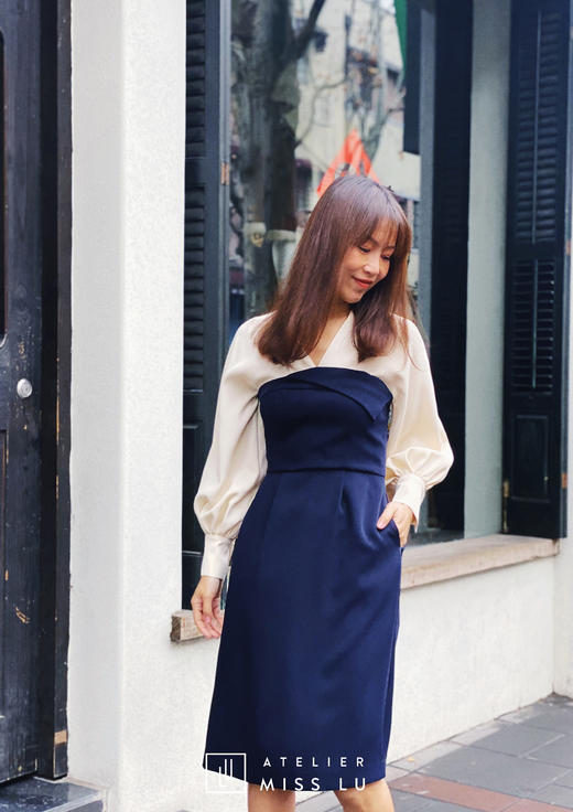 AtelierMissLu / Estrella-典雅蓝白拼色收腰修身裙 商品图5