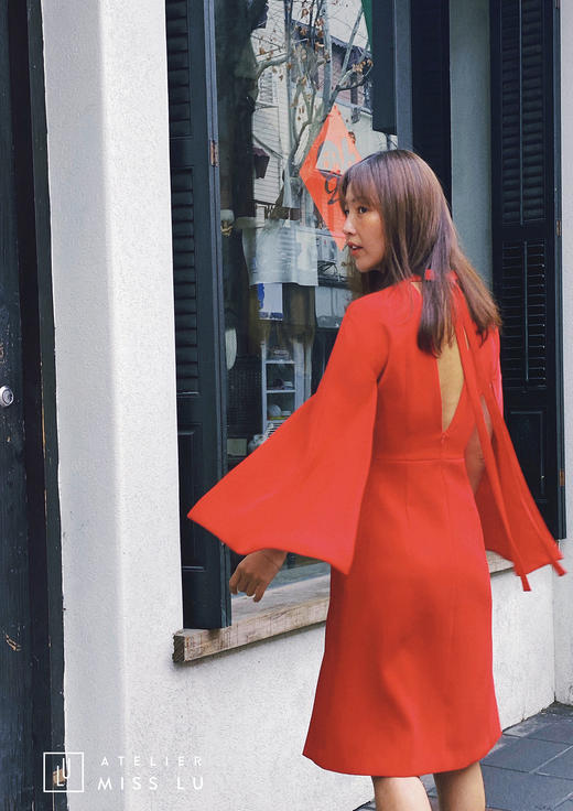 AtelierMissLu /Elizabeth-红色水袖飘带连身裙 商品图4