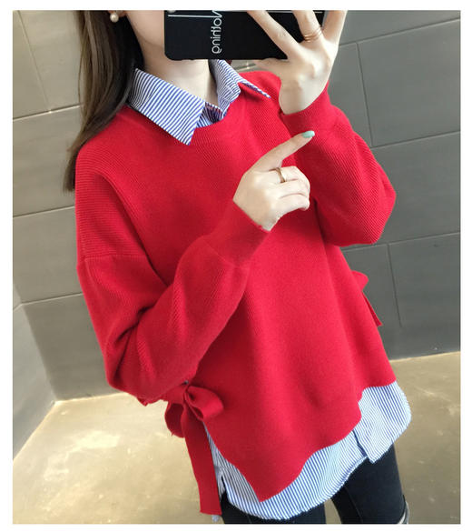 毛衣女洋气上衣宽松套头针织衫两件套韩版打底春装女上衣 商品图4