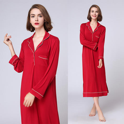 春夏女式莫代尔长袖睡裙风衬衫领开衩长裙性感睡衣内衣上衣大码家居服 商品图8