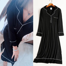 春夏女式莫代尔长袖睡裙风衬衫领开衩长裙性感睡衣内衣上衣大码家居服