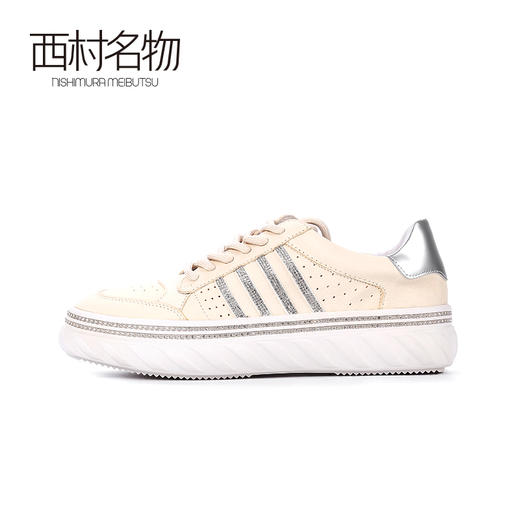西村名物2020春季新品钻边螺纹底丝绸皮休闲小白鞋女-X20AM19231 商品图0