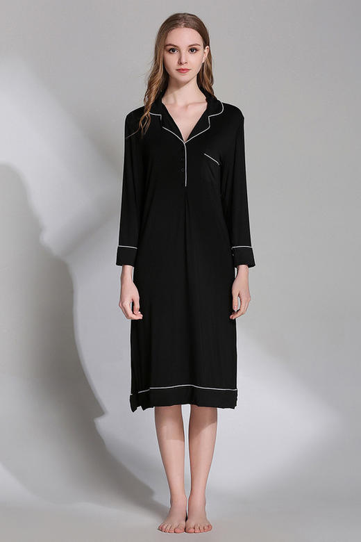 春夏女式莫代尔长袖睡裙风衬衫领开衩长裙性感睡衣内衣上衣大码家居服 商品图3