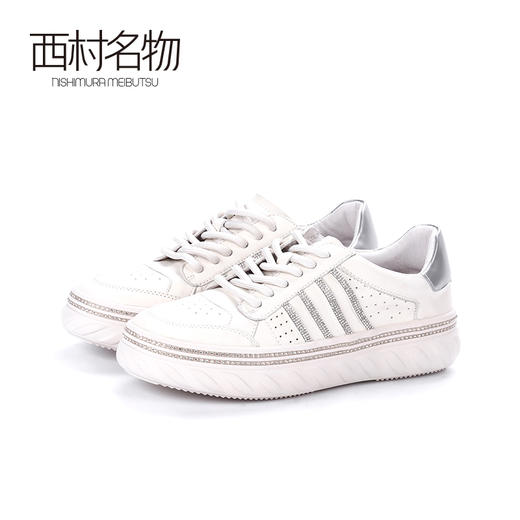 西村名物2020春季新品钻边螺纹底丝绸皮休闲小白鞋女-X20AM19231 商品图2