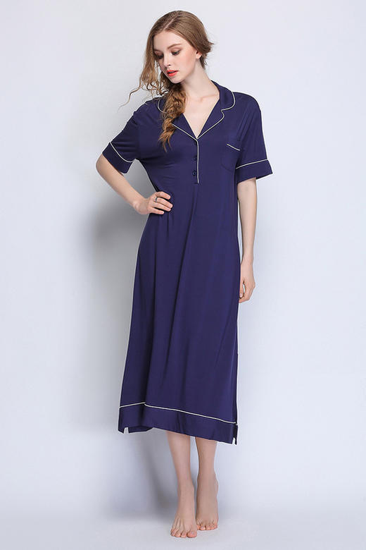 春夏女式莫代尔长袖睡裙风衬衫领开衩长裙性感睡衣内衣上衣大码家居服 商品图9