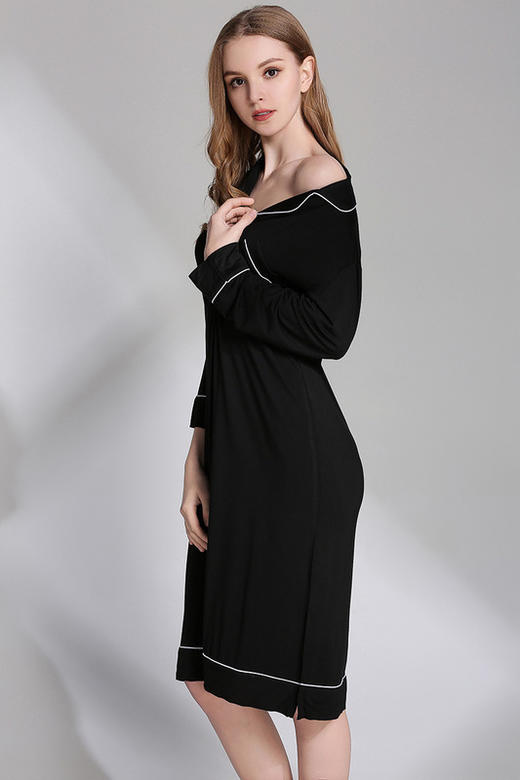 春夏女式莫代尔长袖睡裙风衬衫领开衩长裙性感睡衣内衣上衣大码家居服 商品图1