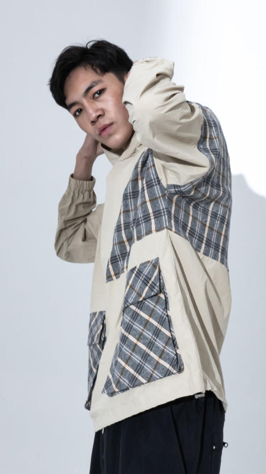 DEC P950961141 拼色拼接格子连帽宽松潮牌卫衣外套帽衫 商品图3