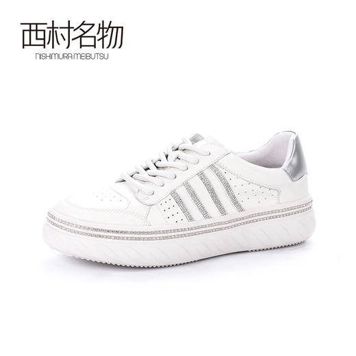 西村名物2020春季新品钻边螺纹底丝绸皮休闲小白鞋女-X20AM19231 商品图3