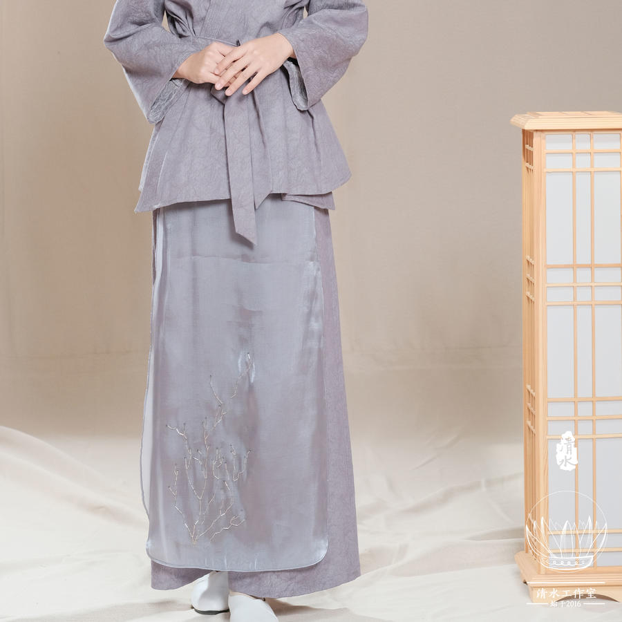 清水设计丨【入云】交领v型对襟x型修身丝棉提花烟灰紫原装袖上衣
