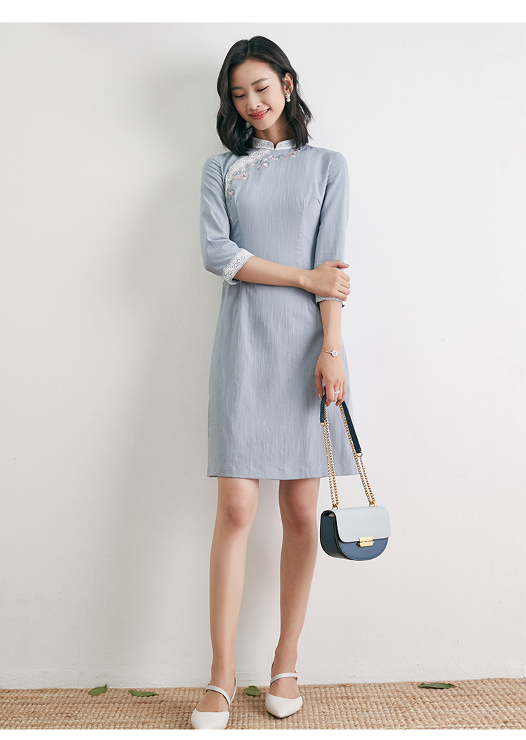 中长款七分袖复古民国风连衣裙蕾丝刺绣裙子女