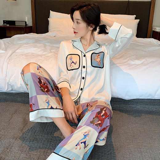 真丝绸情侣睡衣女春秋长袖卡通可爱套装大码秋冬季冰丝男士家居服 商品图4