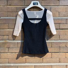 Oude Waag 绉布拼接网纱弹力上衣 OW-20SS-TP08BL99