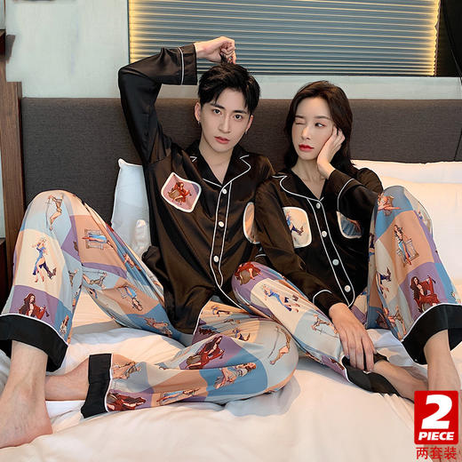 真丝绸情侣睡衣女春秋长袖卡通可爱套装大码秋冬季冰丝男士家居服 商品图1