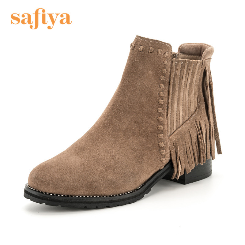 Safiya索菲娅冬季牛反绒粗跟流苏短靴女靴子SF84116169